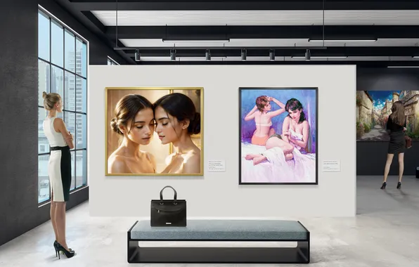 Girl, woman, bench, oil painting, exhibition, picture frame, art gallery, the most beautiful love in …
