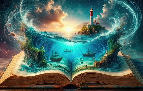 Море, маяк, фэнтези, книга, ИИ-арт, нейросеть