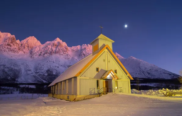 Картинка зима, ночь, Норвегия, церковь, Norway, Troms Fylke, Lakselvbukt, Tromso Kommune