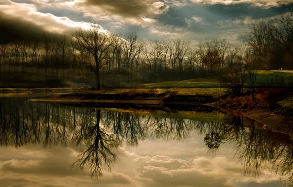 Осень, озеро, парк, отражение