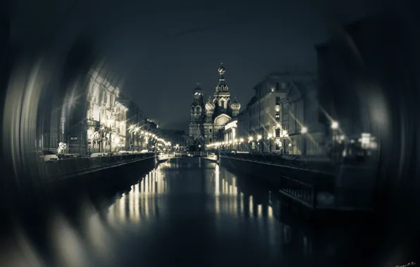 Картинка вода, ночь, мост, город, огни, Питер, Санкт-Петербург, церковь