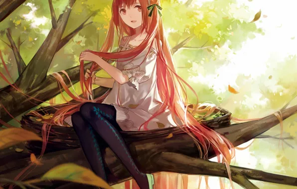 Картинка листья, девушка, природа, дерево, ветви, аниме, арт, cotta