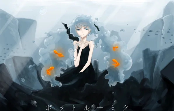Картинка девушка, рыбки, пузыри, океан, аниме, арт, vocaloid, под водой