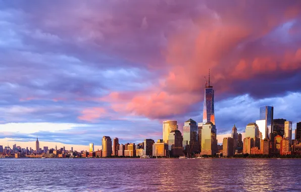 Картинка облака, закат, дома, Нью-Йорк, небоскребы