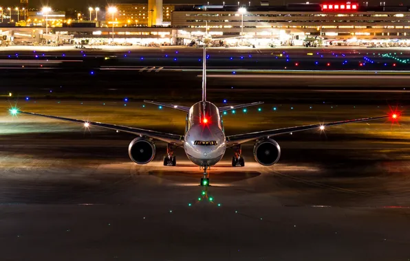 Картинка ночь, огни, аэродром, Boeing 777-300ER