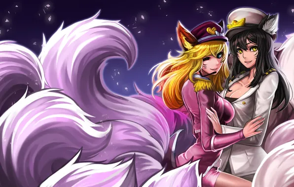 Девушки, арт, ушки, кепки, league of legends, хвосты