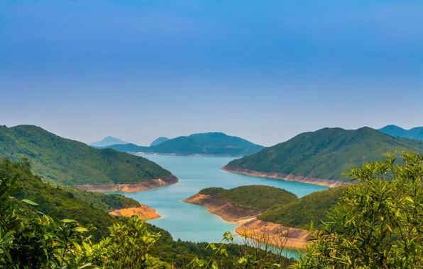 Картинка лес, горы, река, Гонконг, панорама, Китай, кусты, Sai Kung Country Park