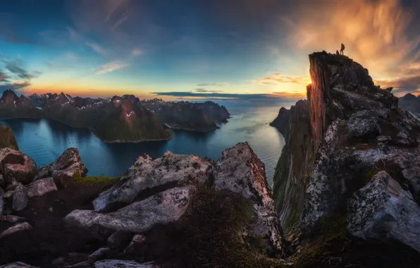Картинка горы, скалы, человек, собака, Норвегия, фьорд, Лофотенские острова