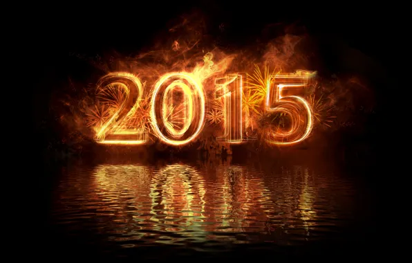 Картинка вода, отражение, огонь, Новый Год, gold, New Year, Happy, 2015