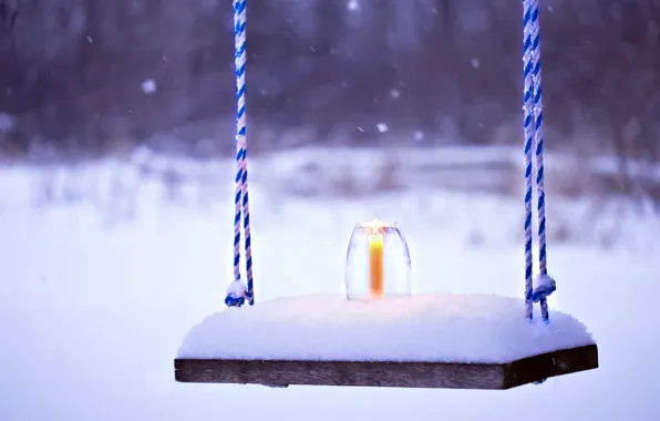 Холод, зима, снег, скамейка, фон, обои, настроения, свеча