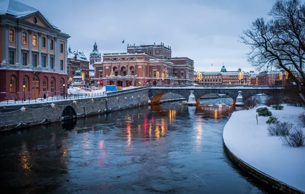 Зима, мост, город, река, фото, Швеция, водный канал, Stockholm