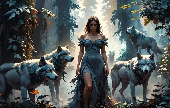 Girl, fantasy, wolves, AI art