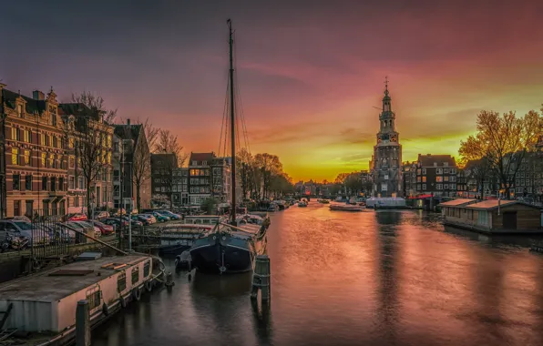 Картинка закат, корабли, Амстердам, канал, Нидерланды, набережная, Amsterdam, Netherlands