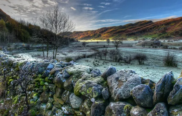 Картинка зима, снег, деревья, горы, камни, холмы, поля, Англия