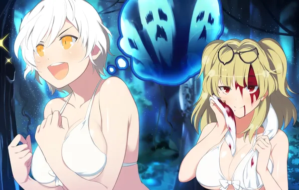 Sexy, forest, cleavage, long hair, girls, boobs, anime, night