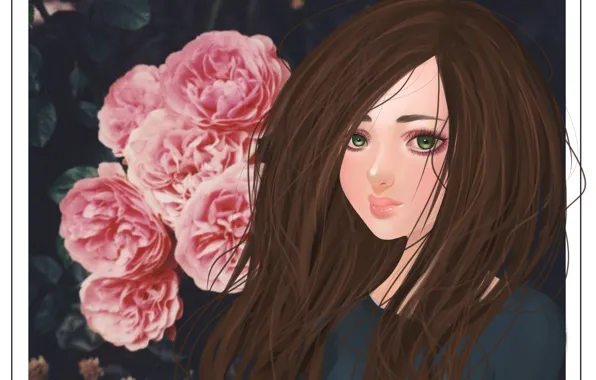 Картинка цветы, ресницы, волосы, арт, девушка. зеленые глаза