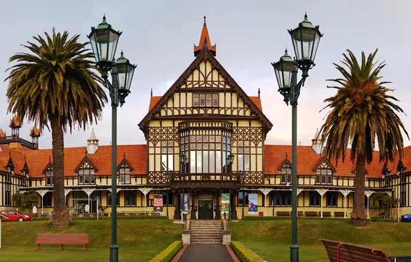 Картинка город, пальмы, Новая Зеландия, фонарь, музей, New Zealand, museum, Ротороа