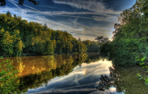 Картинка небо, облака, пейзаж, природа, отражение, HDR, река Германия, Hessen Lich