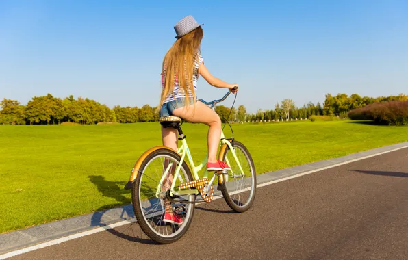Картинка Girl, grass, bicycle, road, shorts, sky, long hair, legs