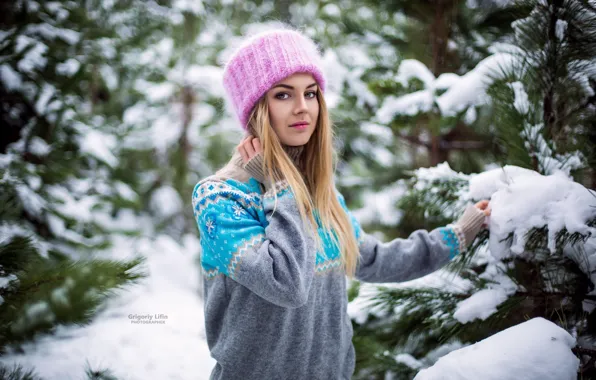Зима, лес, взгляд, снег, деревья, модель, шапка, портрет