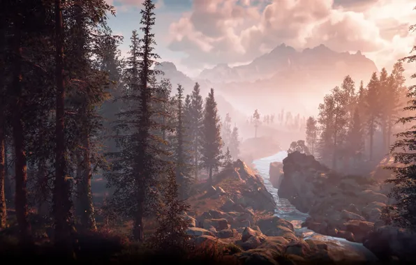 Небо, Девушка, Горы, Робот, Деревья, Лук, Horizon, Охотник