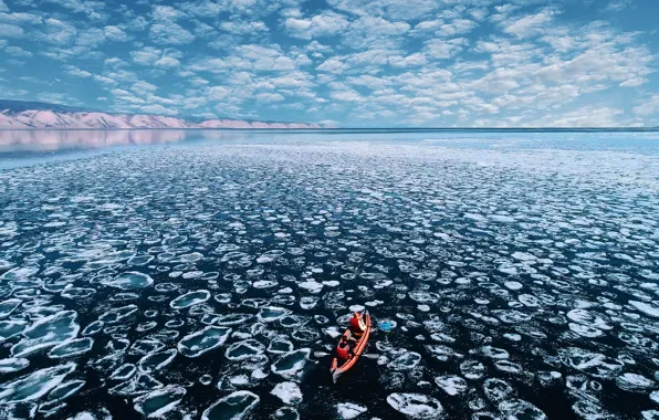 Зима, небо, облака, снег, горы, озеро, люди, холмы