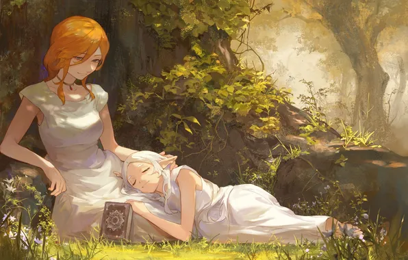 Девушки, дерево, эльф, фэнтези, книга, Sousou no Frieren, Frieren, Flamme