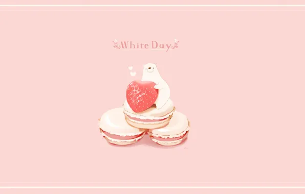 Печенье, клубника, сердечки, белый медведь, розовый фон, макарони, white day