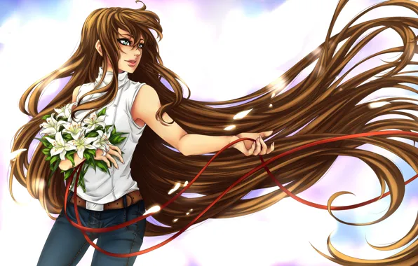 Картинка взгляд, девушка, цветы, букет, аниме, профиль, длинные волосы, ленточки