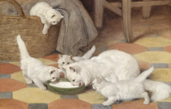 Картинка кошка, картина, семья, арт, котята, белая, пушистая, Mother and Kittens Drinking Milk