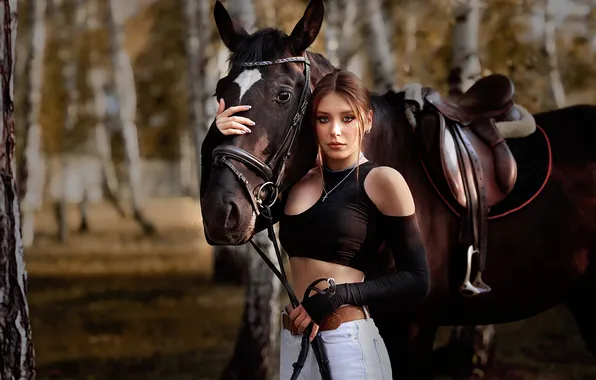 Взгляд, девушка, природа, конь, лошадь, макияж, топ, красивая