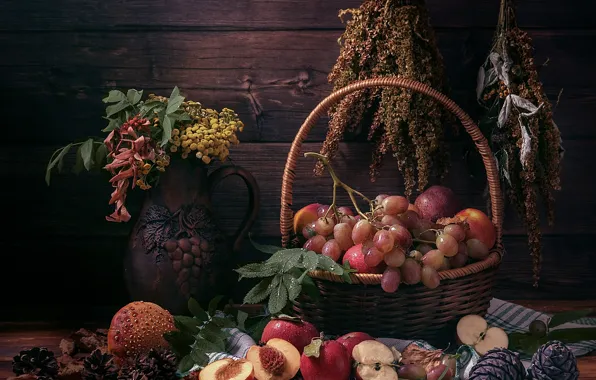 Яблоки, букет, виноград, натюрморт, персики, засушенные растения