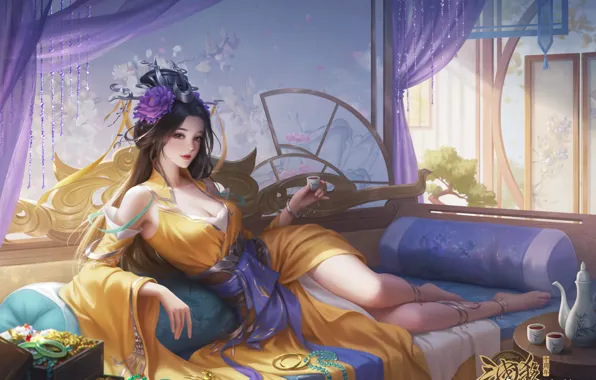 Картинка cleavage, Asian, long hair, women, bed, in bed, video games, looking at viewer