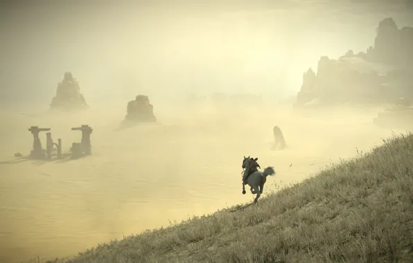 Скалы, пустыня, всадник, руины, Shadow of the Colossus, В тени колосса