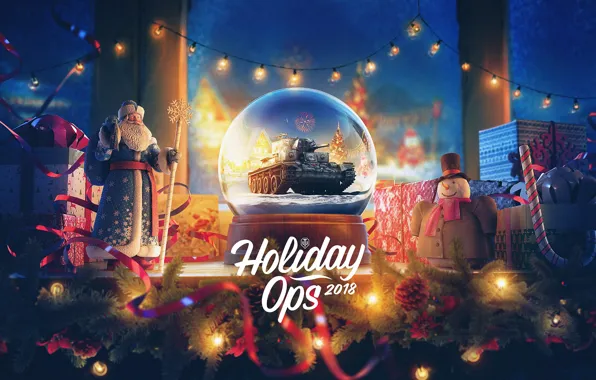 Снеговик, дед мороз, гирлянда, World of Tanks, holiday ops 2018