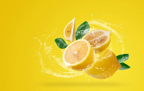 Картинка вода, брызги, желтый, фон, лимон, цитрус