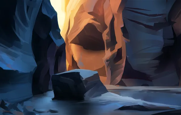 Картинка солнце, линии, закат, скалы, камень, арт, каньон