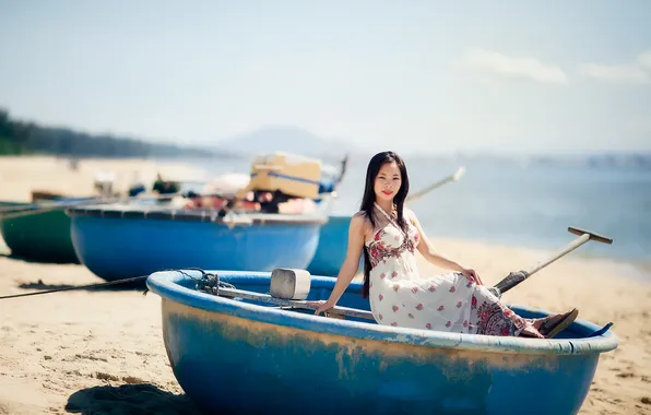 Лето, девушка, лодки, азиатка