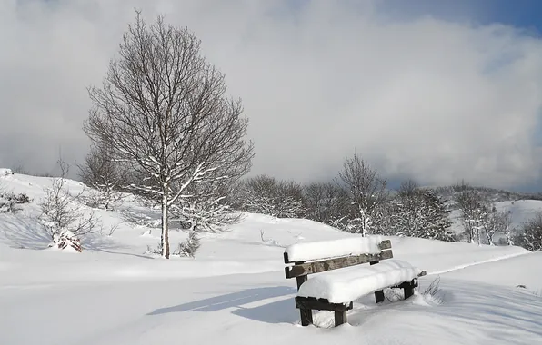 Картинка зима, снег, скамья