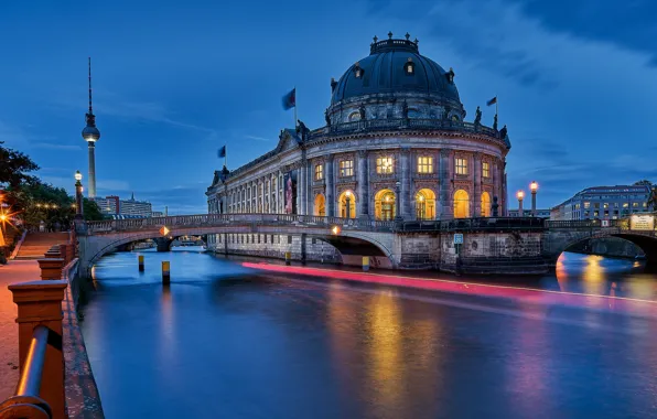 Картинка мост, река, вечер, Германия, Берлин, Bode-Museum