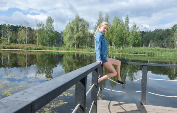 Forest, shorts, sky, trees, nature, ponytail, model, jean