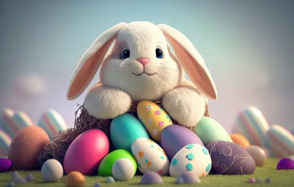 Картинка яйца, кролик, Пасха, разноцветные, крашенки, нейросеть