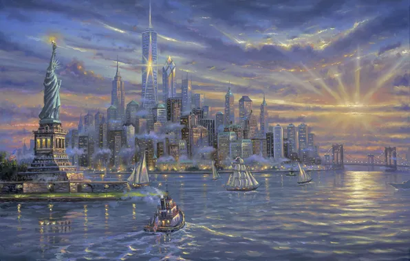 Картинка море, небо, облака, закат, здания, корабли, яхты, Нью-Йорк