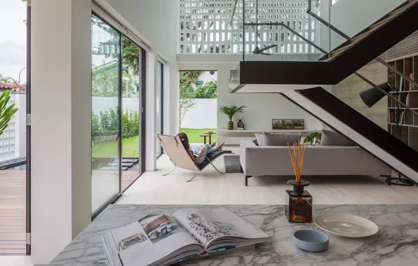 Дизайн, стиль, интерьер, Сингапур, гостиная, Through House iin Singapore, by Materium