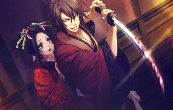 Кровь, катана, гейша, кимоно, art, защитник, Демоны бледной сакуры, Yukimura Chizuru