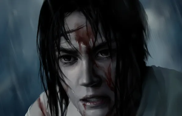 Картинка взгляд, дождь, злость, кровь, naruto, art, sasuke uchiha, olggah