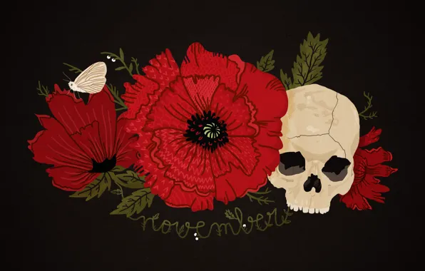 Картинка цветок, красный, чёрный, мак, череп, мотылёк, happynes, ноябрь
