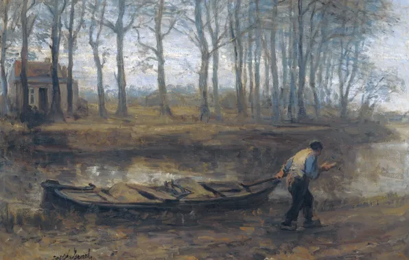 Пейзаж, масло, картина, холст, 1887, Йосеф Исраэлс, Jozef Israels, Шкипер Тащит Баржу с Песком