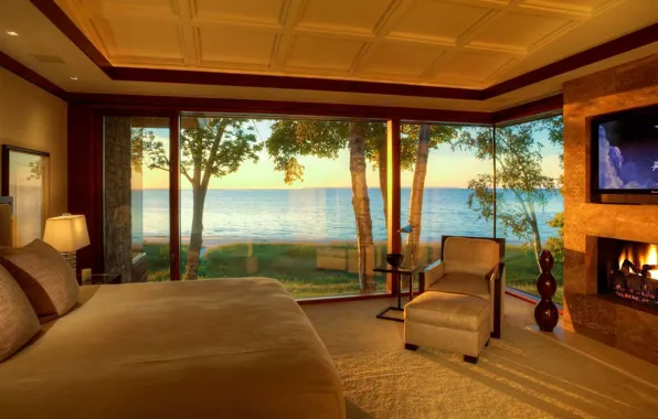 Интерьер, камин, спальня, residence, Northern Michigan, lake view