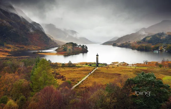 Картинка лес, деревья, горы, озеро, человек, башня, дорожка